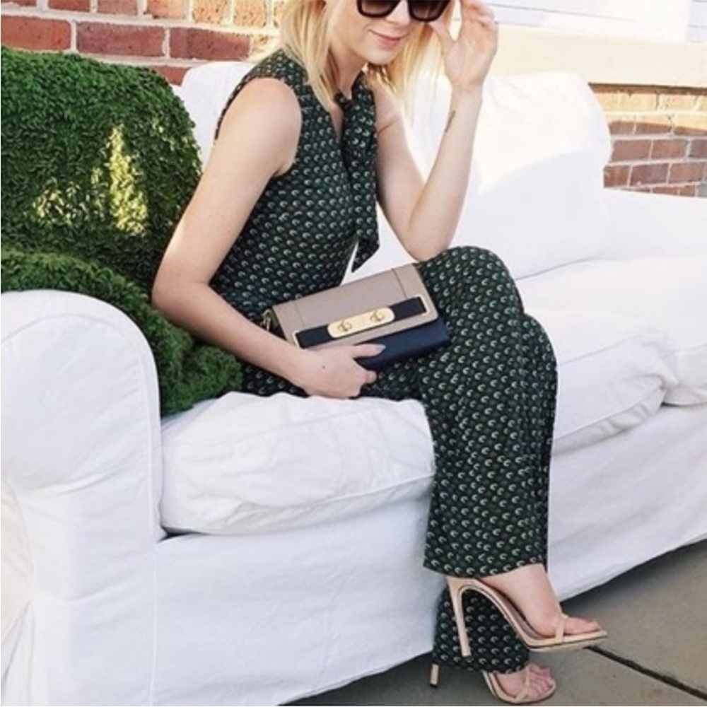 Bailey 44 Tie Neck Sleeveless Jumpsuit Green Micro Floral Pussybow Wide Leg S